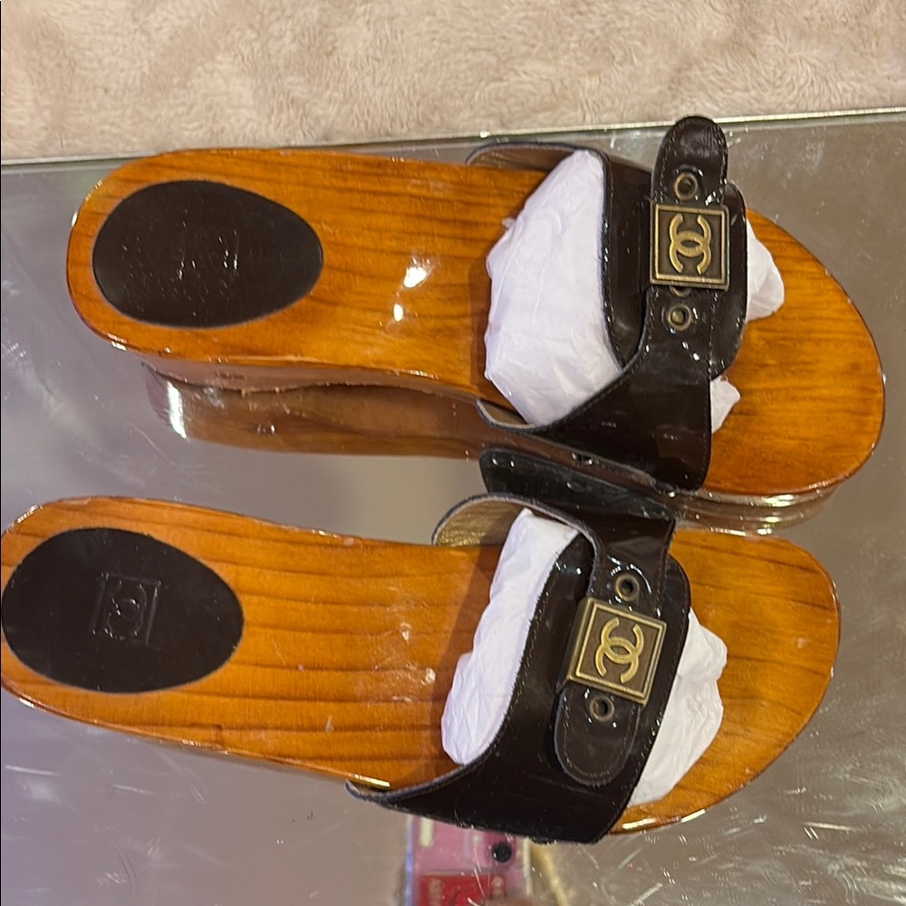 CHANEL Black and Gold Mules with Wooden Sole
